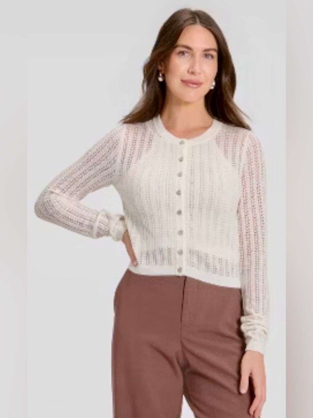 Light Cream Button-Front Knit Cardigan Sweater